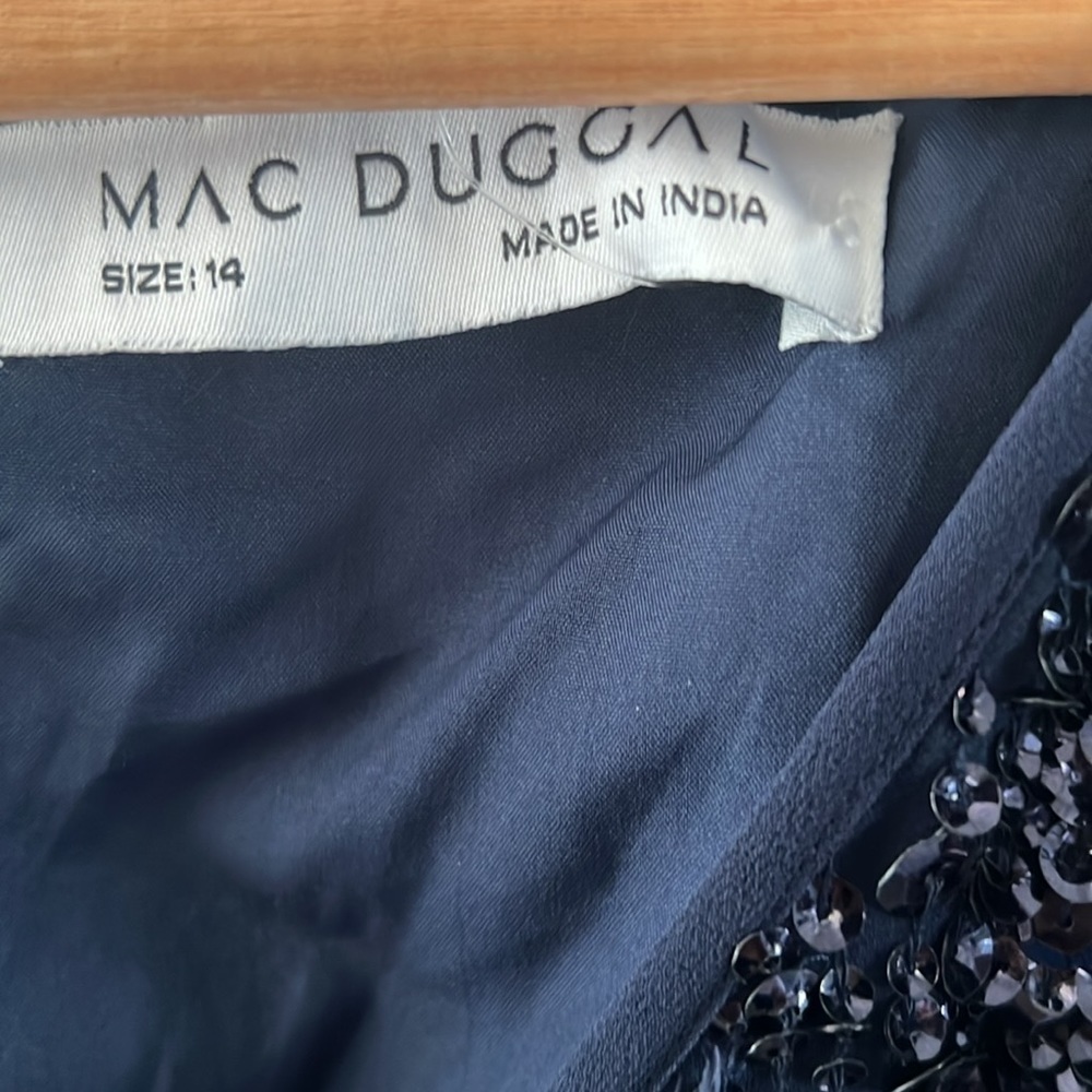 10 Mac Duggal Navy Long Sleeve Sequined Midi Dress 14 V neck Evening Formal - Picture 5 of 12
